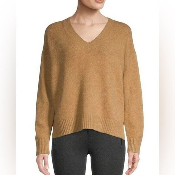 Vince V-Neck Woven Sweater Camel Cotton Blend sz M - Picture 1 of 9